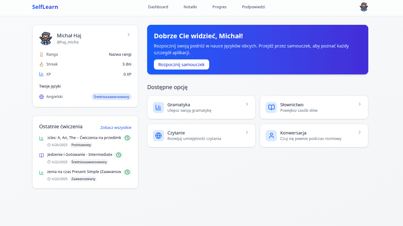 SelfLearn AI Language Platform - Intelligent e-learning system with personalized language learning algorithms